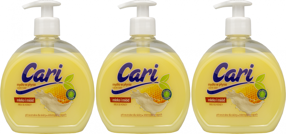 3x mydło w płynie Cari, mleko i miód, z dozownikiem, 500ml