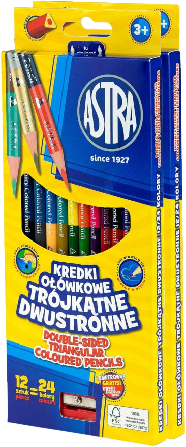 2x Kredki ołówkowe dwustronne Astra, trójkątne, 12 sztuk (24 kolory) + temperówka, mix kolorów