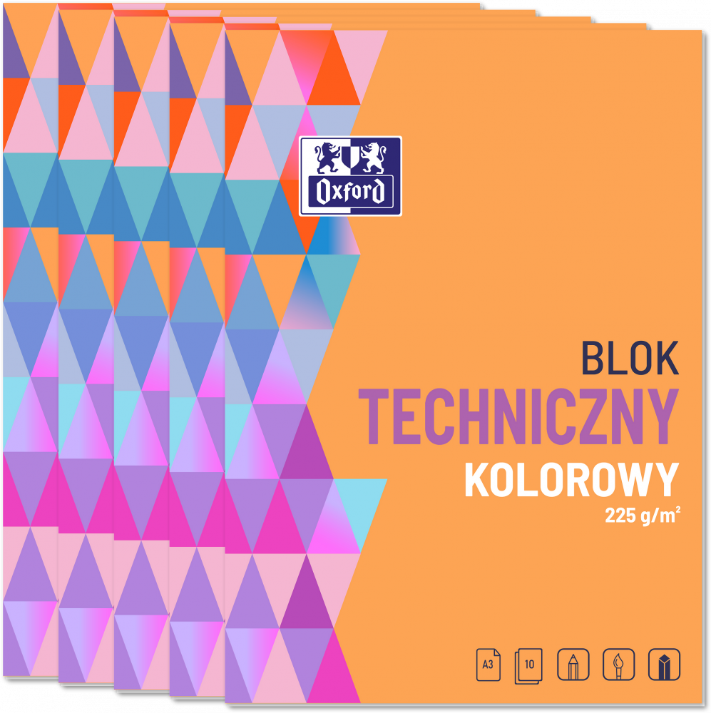 5x Blok techniczny Oxford, A3, 10 kartek, kolorowy, barwiony w masie