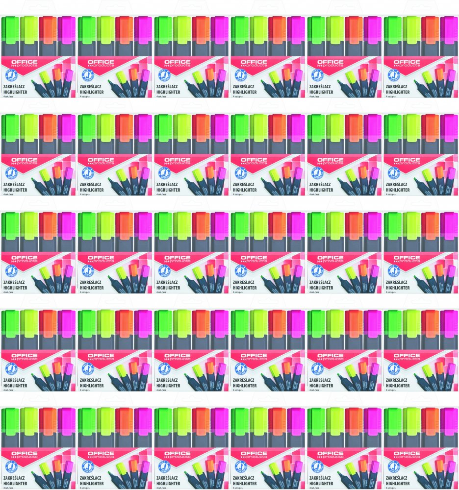60x Zakreślacz Office Products, ścięta, 4 sztuki, mix kolorów fluorescencyjnych