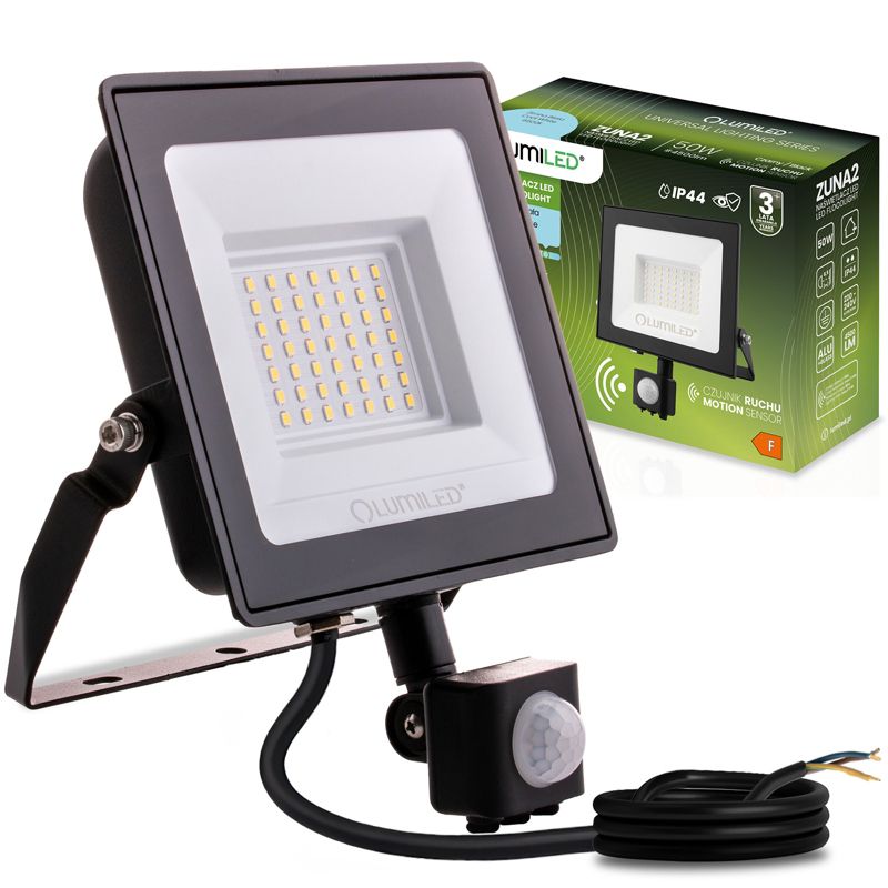 Naświetlacz LED Lumiled 50W 4500lm 6500K IP44 Czarny z Czujnikiem Ruchu 1 szt.
