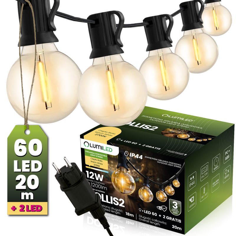 Girlanda Ogrodowa Lumiled Zewnętrzna Łańcuch Świetlny 20m 60x LED + 2 Żarówki 2700K 1 szt.