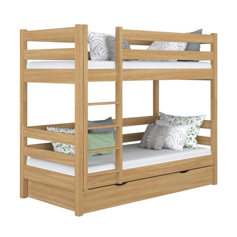 Dębowe łóżko N-WOOD piętrowe z szufladą N01 dąb naturalny 80x200 1szt.