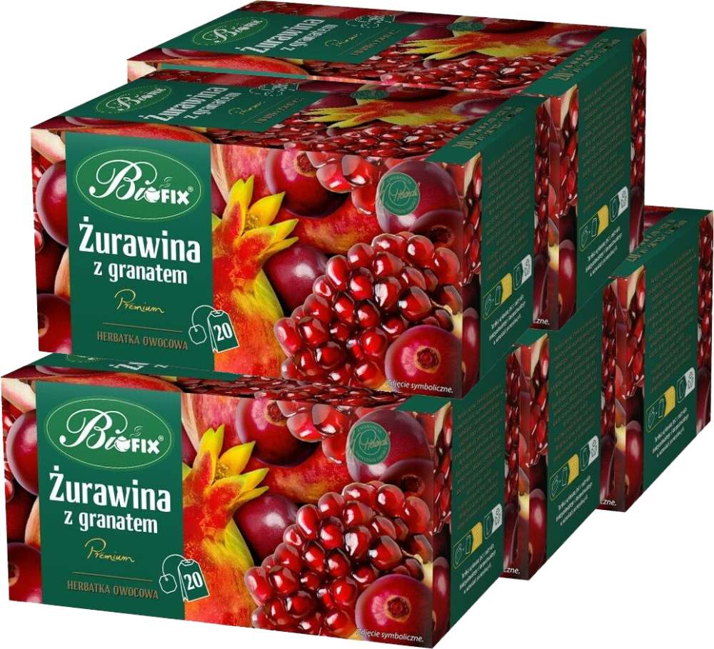 5x Herbatka owocowa w kopertach BiFix Premium, żurawina z granatem, 20 sztuk x 2g