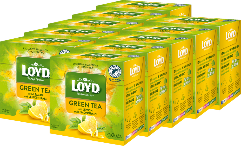 10x Herbata zielona smakowa w piramidkach Loyd, trawa cytrynowa/cytryna, 20 sztuk x 1.5g