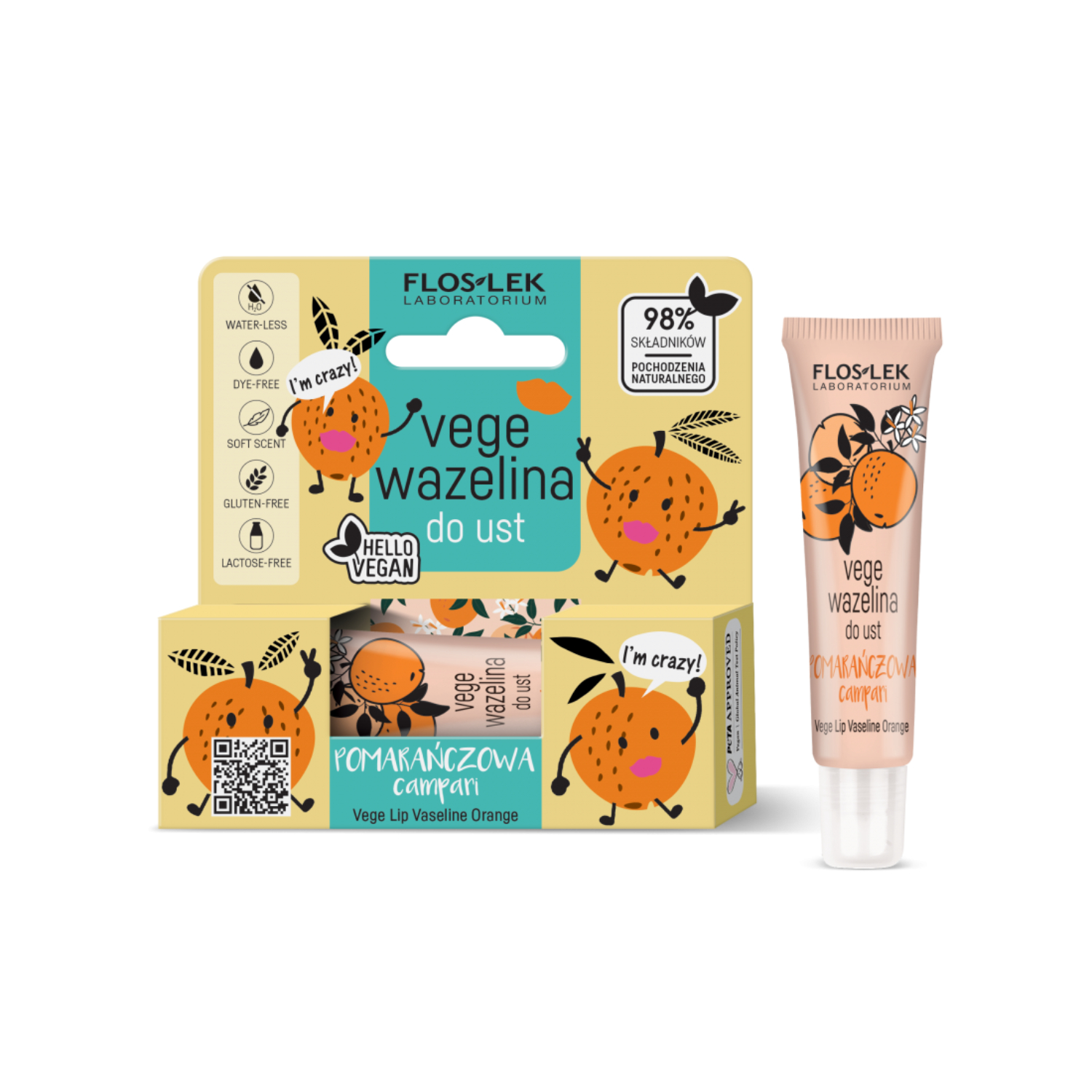 Floslek - vege lip care, wazelina vege do ust pomarańczowa, 10 g