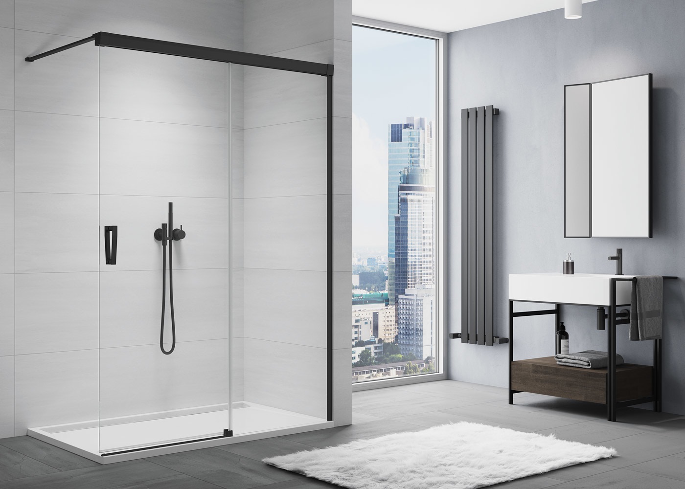 Ronal Cadura Walk-In ścianka prysznicowa 140 cm z elementem przesuwnym prawa czarny/szkło przezroczyste CAW2D1400607