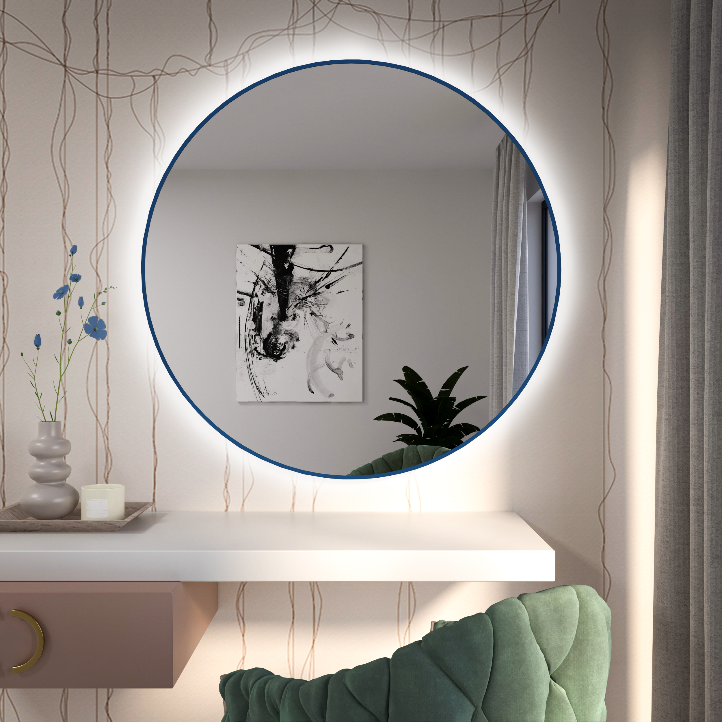 Baltica Design Tiny Border Bright LED lustro 80x80 cm okrągłe niebieskie barwa ciepła