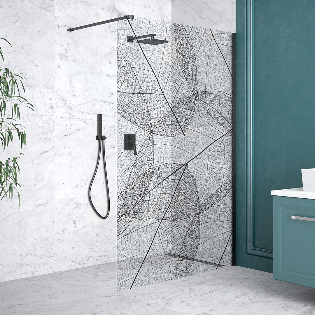 Besco Leafy Walk-In ścianka prysznicowa 110 cm czarny mat/szkło przezroczyste z motywem LF-110-200C