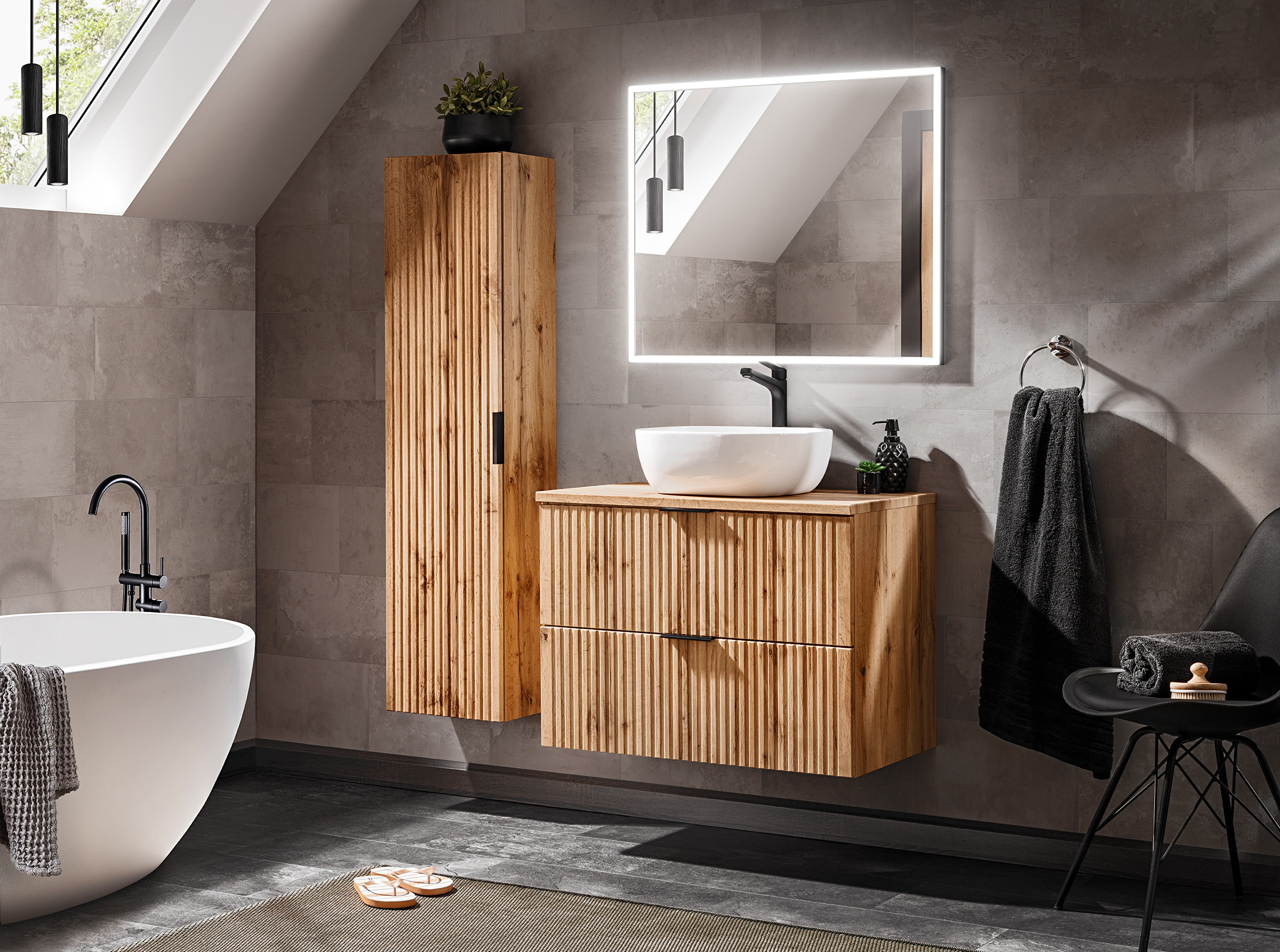 Zestaw Comad Adel Oak szafka 80x46 cm podumywalkowa wisząca dąb z blatem, umywalką, szafką boczną i lustrem SET -ADO B 80 CM SMILE 40 1