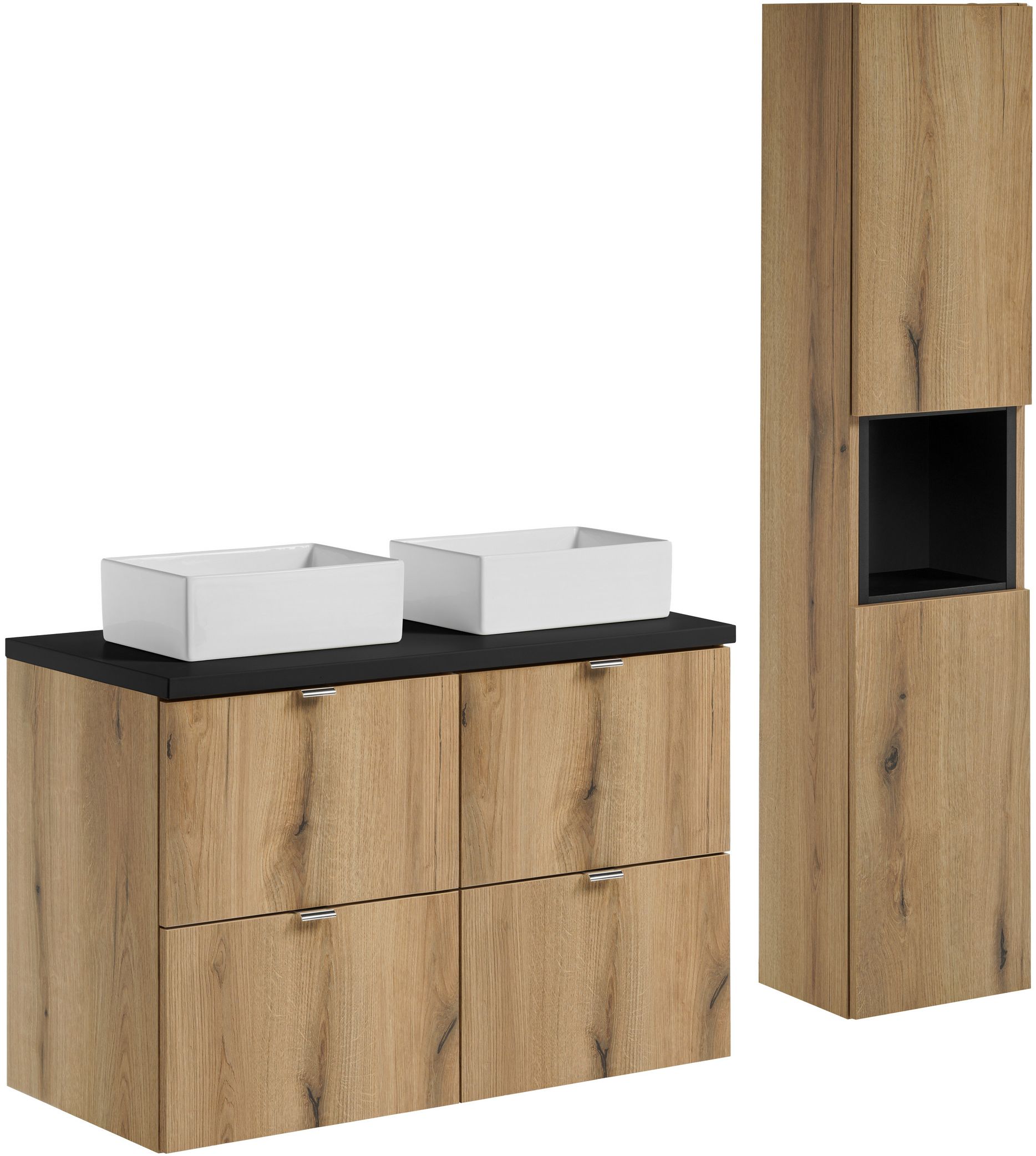 Zestaw Comad Nova Oak/Black szafki 50 cm i 50 cm z blatem meblowym 100 cm dąb/czarny i dwie umywalki Gaja 35x22 cm białe z szafką ...