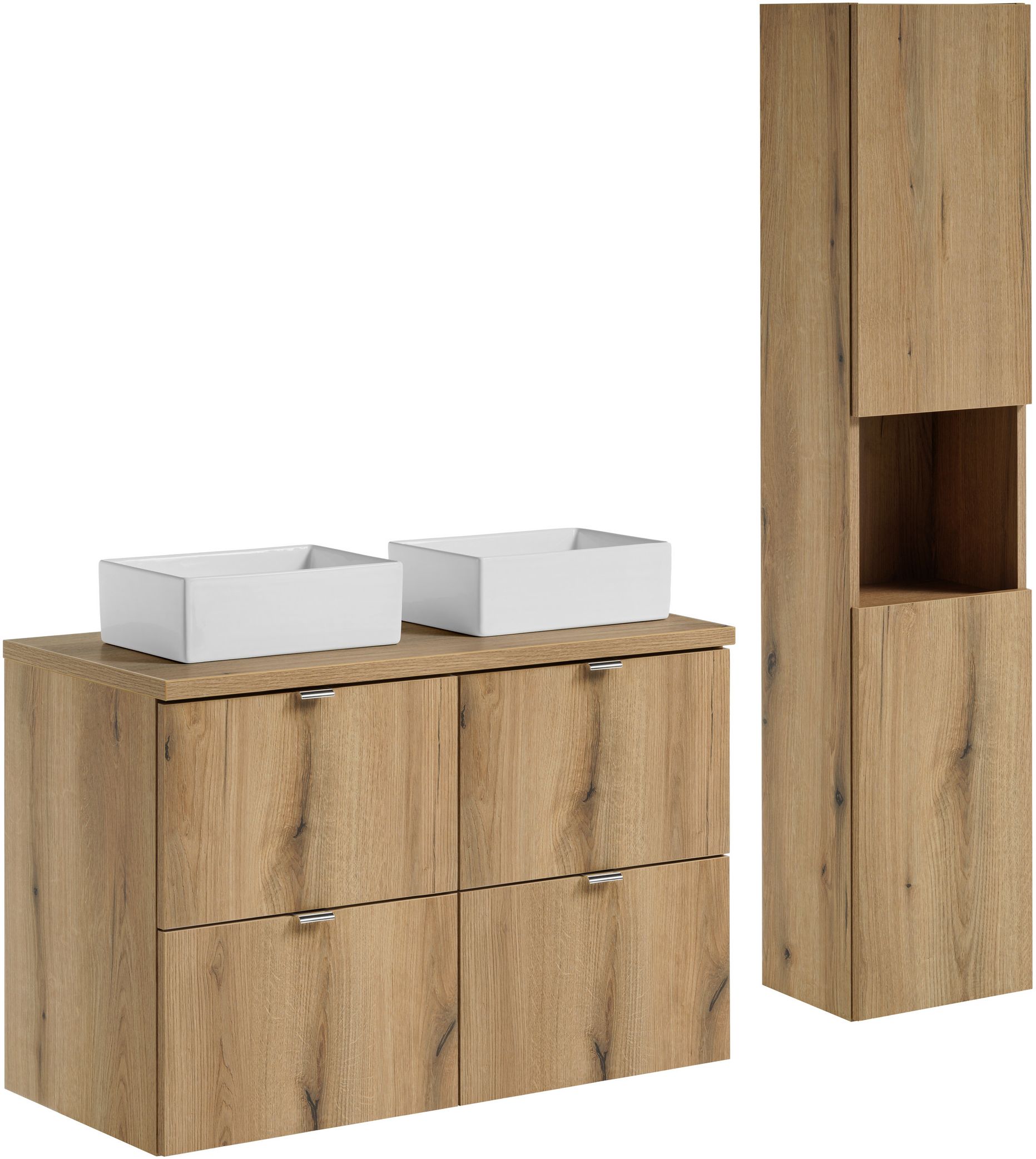 Zestaw Comad Nova Oak szafki 50 cm i 50 cm z blatem meblowym 100 cm dąb, dwie umywalki Gaja 35x22 cm białe i szafka boczna wysoka SET-NOA ...