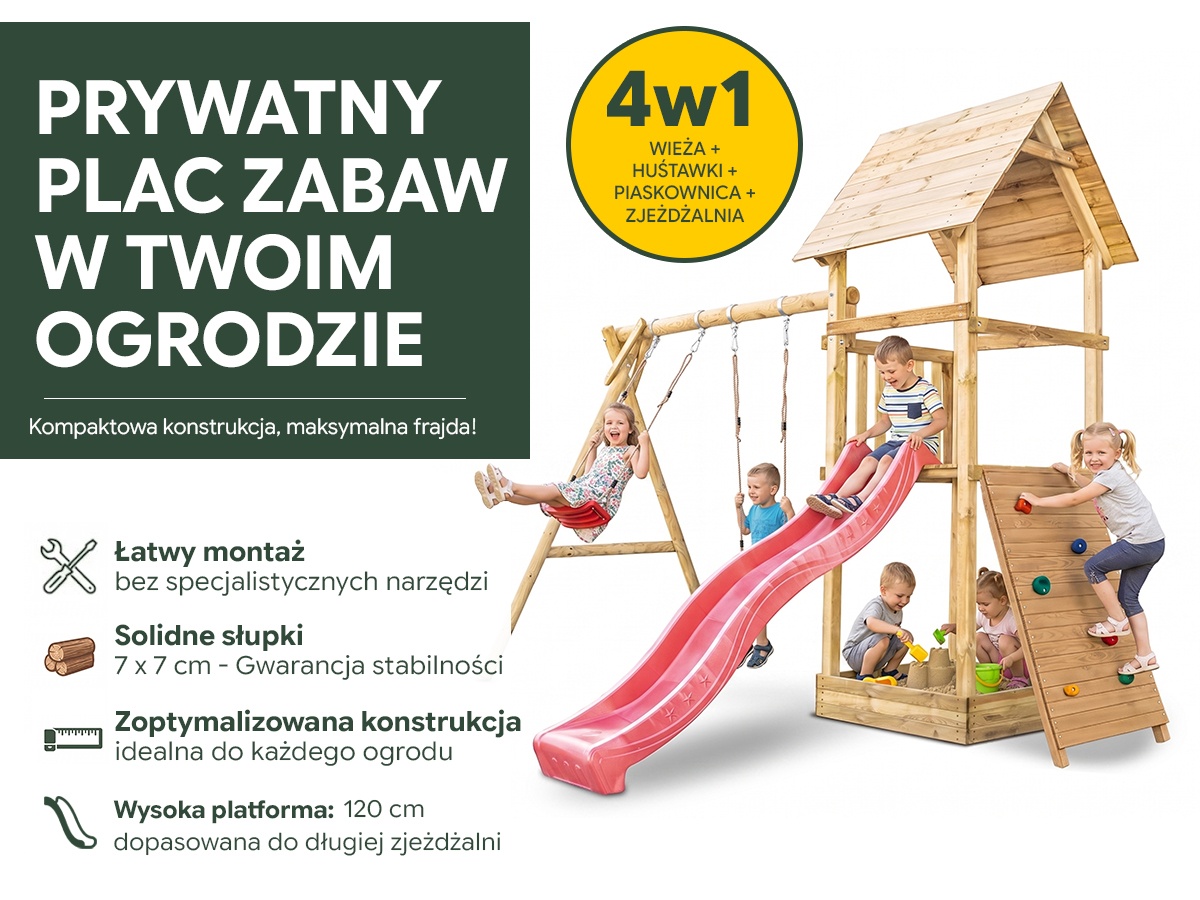 Plac zabaw do ogrodu dla dzieci Alex z podwójną huśtawką i ścianką wspinaczkową