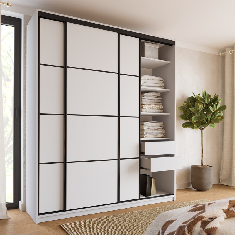 Biała szafa przesuwna 200 cm z półkami i szufladami LOFT MAX