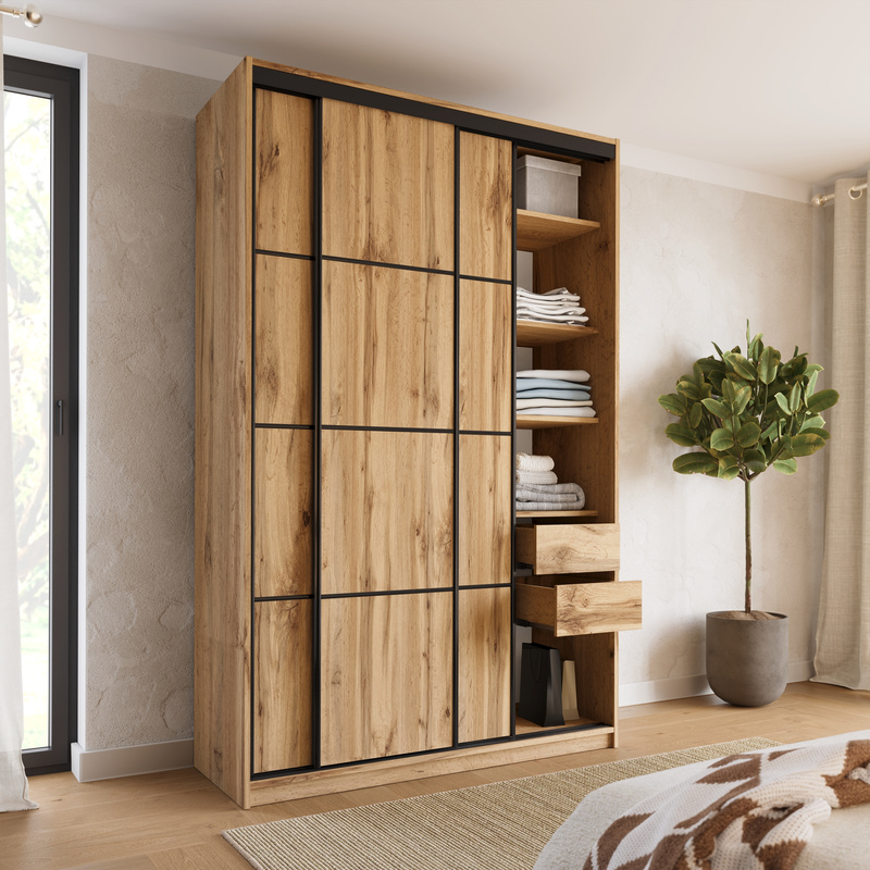 Szafa przesuwna z półkami i szufladami 150 cm LOFT MAX