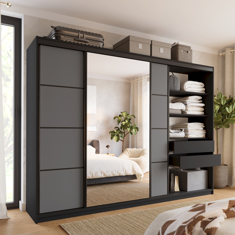 Duża szafa przesuwna z lustrem i szufladami 280 cm LOFT
