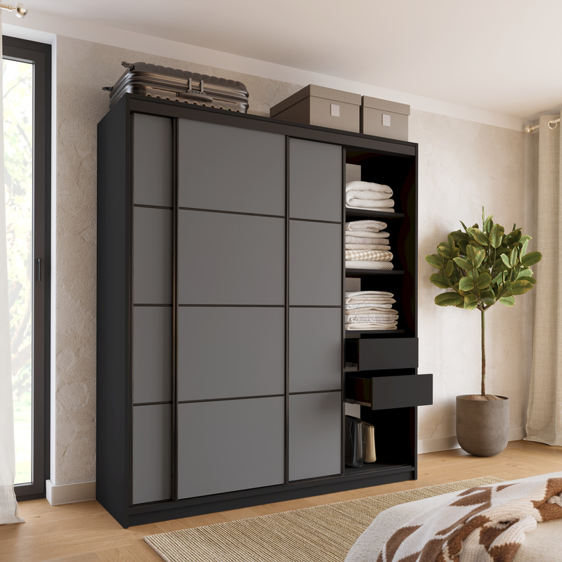 Pojemna szafa przesuwna z szufladami i półkami 180 cm LOFT grafit