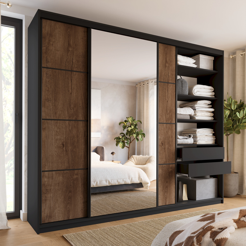 Duża szafa przesuwna z lustrem 280 cm LOFT MAX z szufladami
