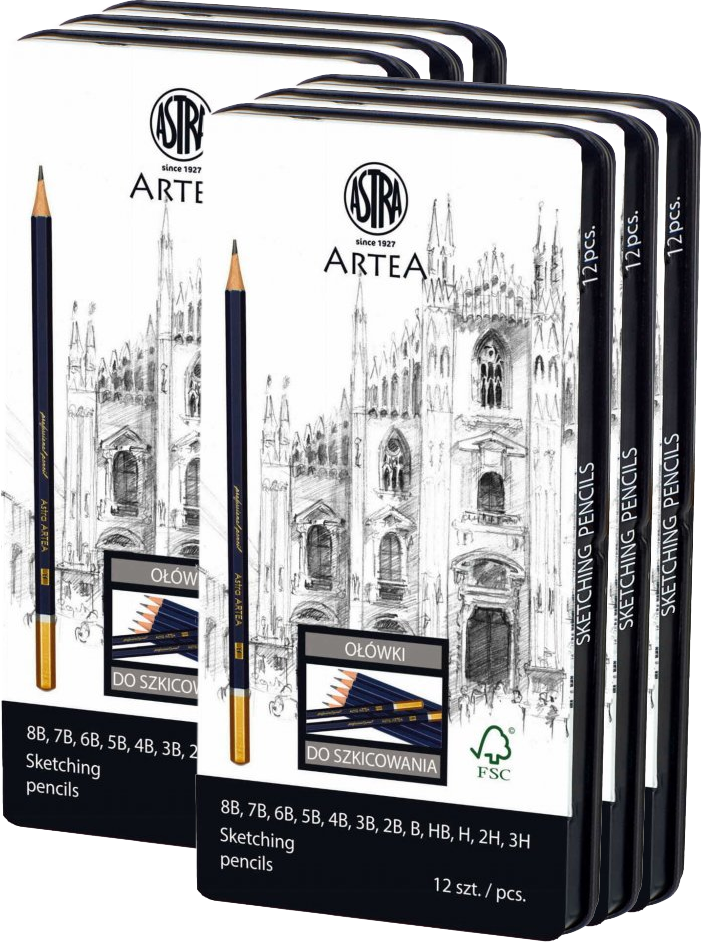 6x Ołówki do szkicowania Astra Artea, w metalowym pudełku, mix 12 sztuk