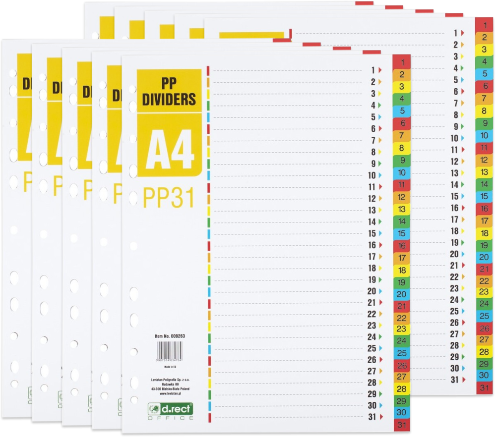 10x Przekładki do segregatora D.Rect PP31, plastikowe, numeryczne, 1-31 kart, mix kolorów