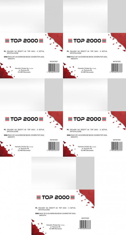 5x Okładka na zeszyt TOP2000, krystaliczna, A5, PP, 5 sztuk, przezroczysty