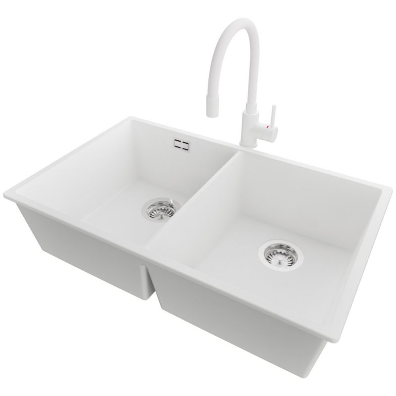 Zlewozmywak podblatowy Londyn Twin PRIMAGRAN 76x47cm do szafki od 80cm, Biały + Bateria 38x14cm + Syfon, S029, 1 szt.