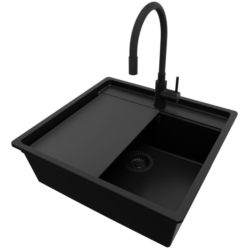 Zlewozmywak Granitowy Bergen PRIMAGRAN Nablatowy 56x53cm do szafki od 60cm, Cały Czarny + Bateria + Syfon + Deska, S220, 1 szt.