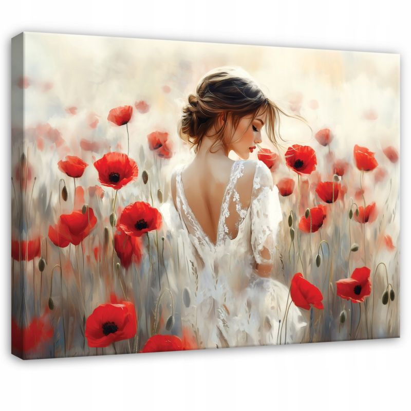 Obraz WALLARENA Do Sypialni Salonu Na Płótnie Kobieta Maki Kwiaty Beżowy 60x40 cm PP16145O4 1 szt.