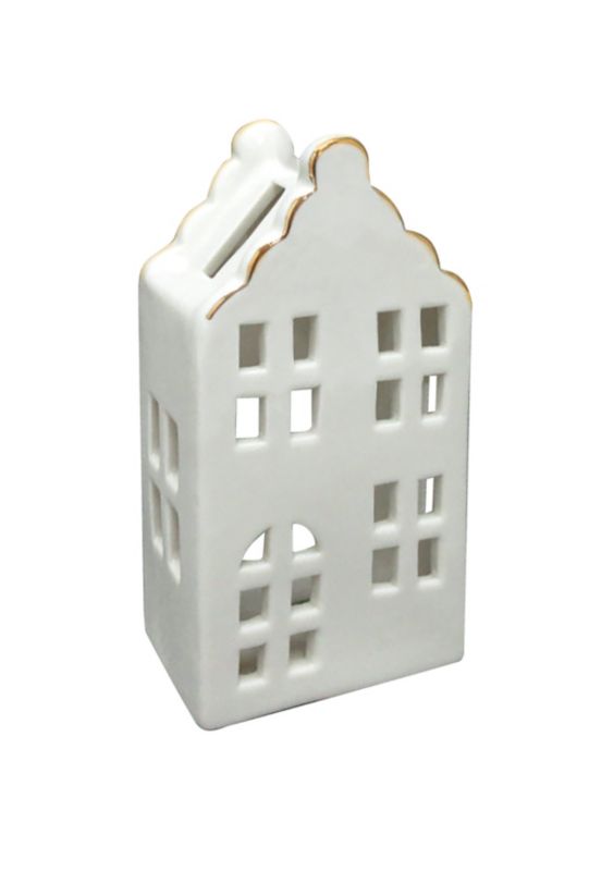 Lampion ceramiczny Mondex HYTTE Domek 7x5x13,8 cm biało-złoty 1 szt.