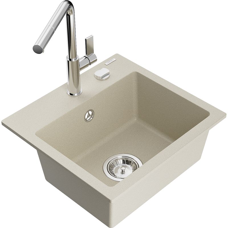Zlewozmywak granitowy 1-komorowy Mexen Milo z baterią kuchenną Flora beżowy 6505-69-670401-00