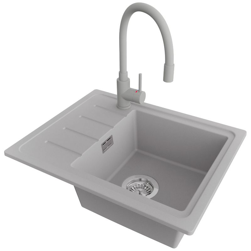 Zlewozmywak Granitowy Kopenhaga Easy PRIMAGRAN Nablatowy 55x44cm do szafki od 45cm, Szary + Bateria 38x14cm + Syfon, S031, 1 szt.