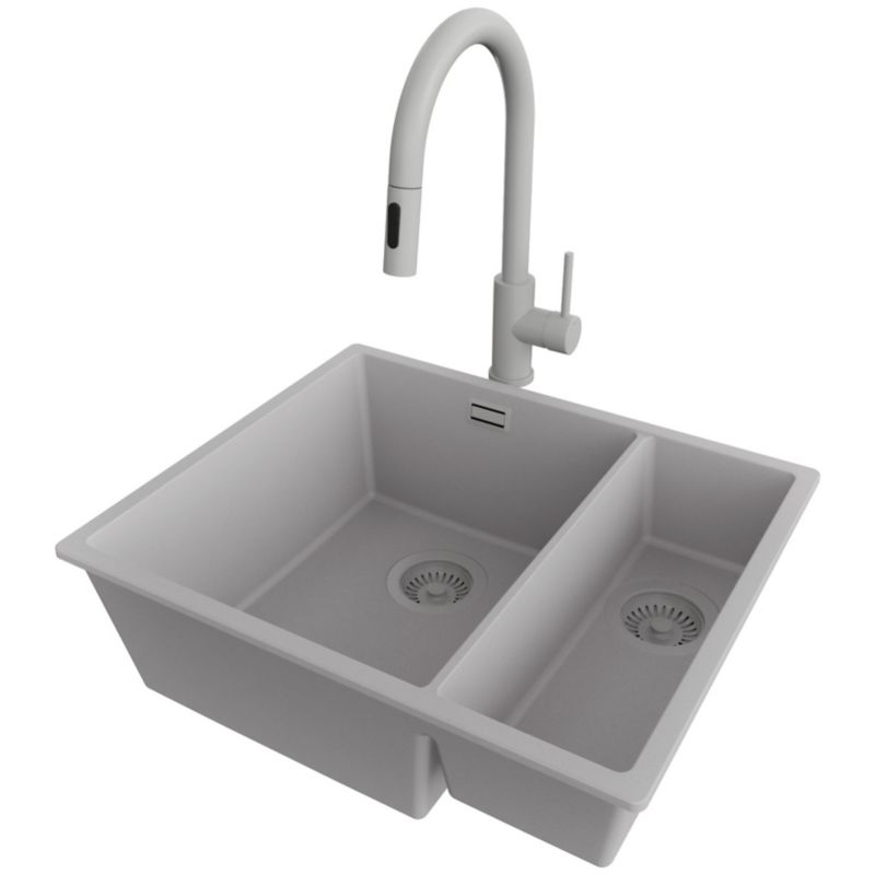 Zlewozmywak Granitowy Londyn Slim Duo PRIMAGRAN Nablatowy 56x47cm do szafki od 60cm, Szary + Bateria + Syfon, S024, 1 szt.