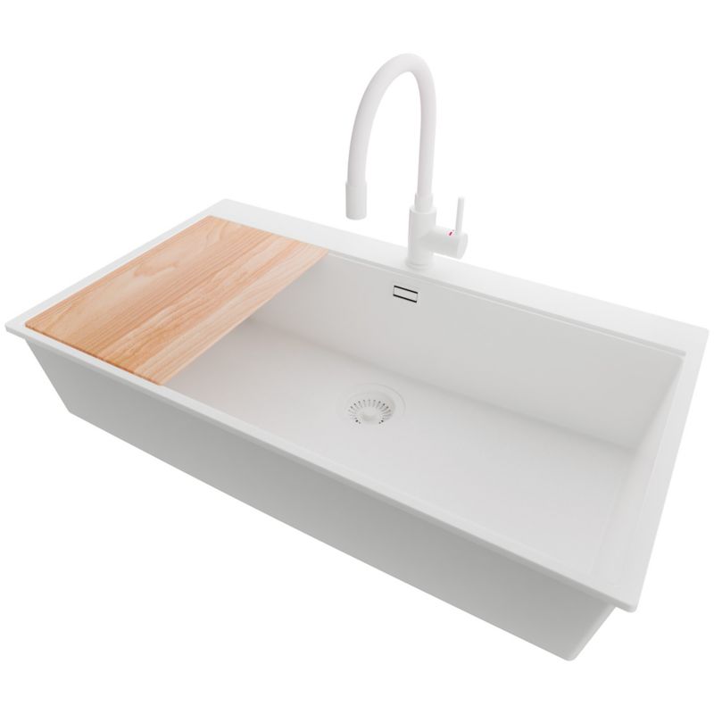 Zlewozmywak Granitowy Oslo PRIMAGRAN Nablatowy 88x50cm do szafki od 90cm, Cały Biały + Bateria + Syfon + Deska, S734, 1 szt.