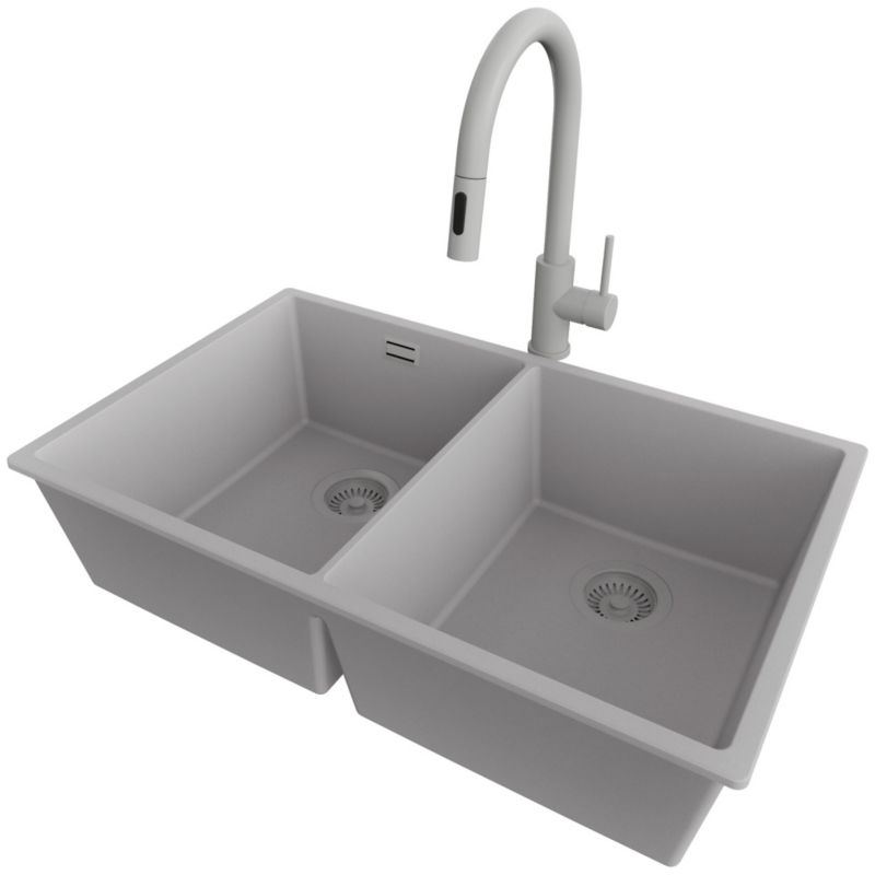 Zlewozmywak podblatowy Londyn Twin PRIMAGRAN 76x47cm do szafki od 80cm, Szary + Bateria 40x20cm + Syfon, S024, 1 szt.