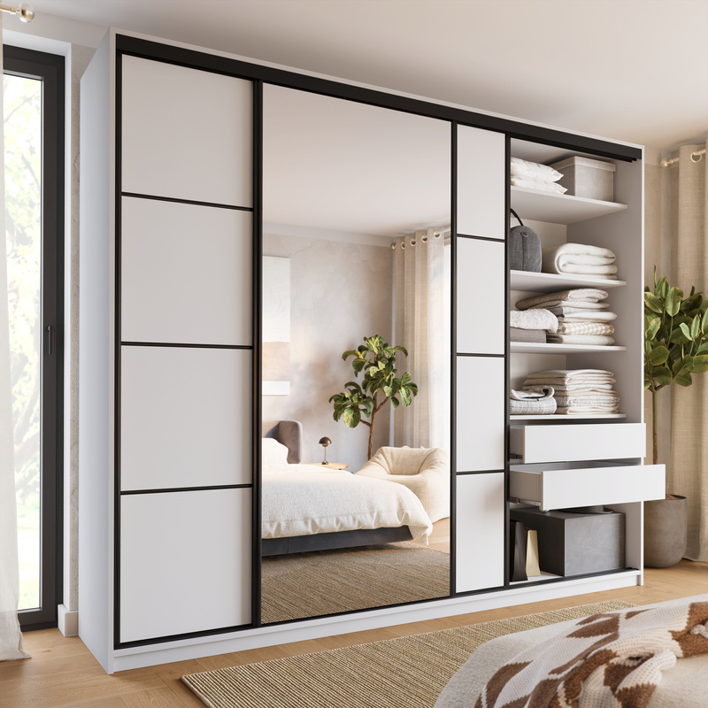Duża biała szafa przesuwna z lustrem 280 cm LOFT MAX