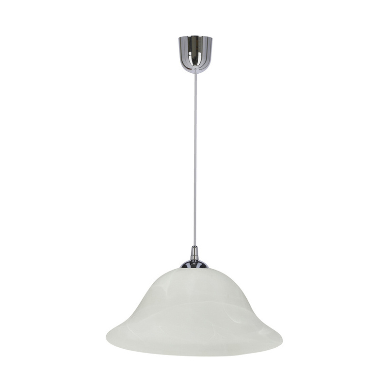 Chromowa lampa wisząca do salonu VERA klosz alabastrowy 1-płomienna