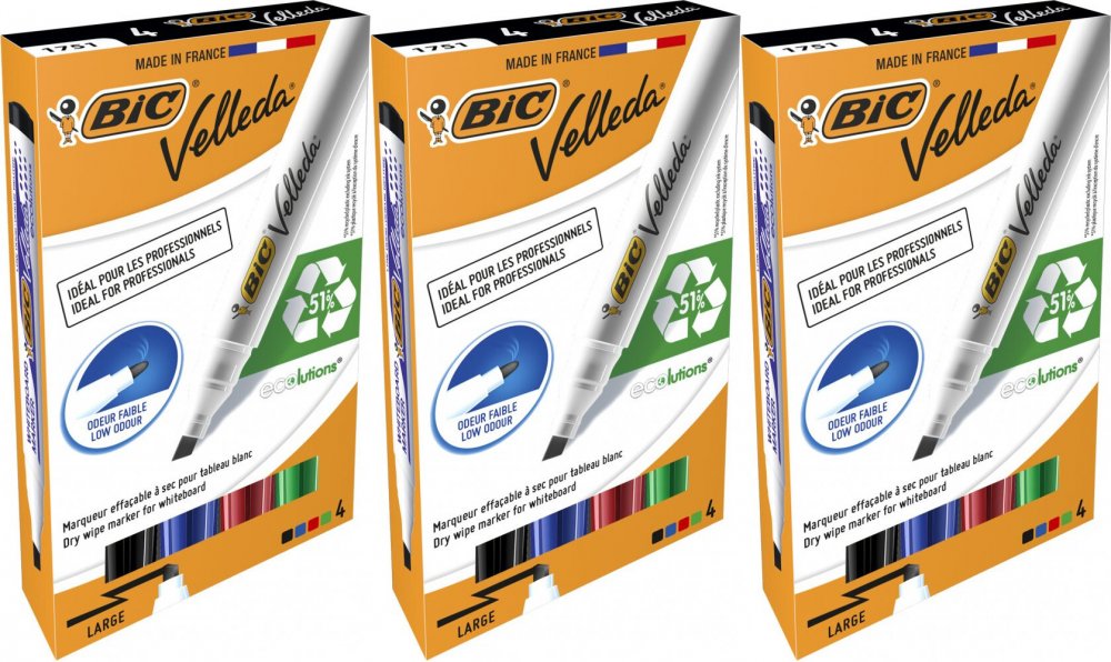 3x Marker suchościeralny Bic, Velleda, ścięta, 4 sztuki, mix kolorów
