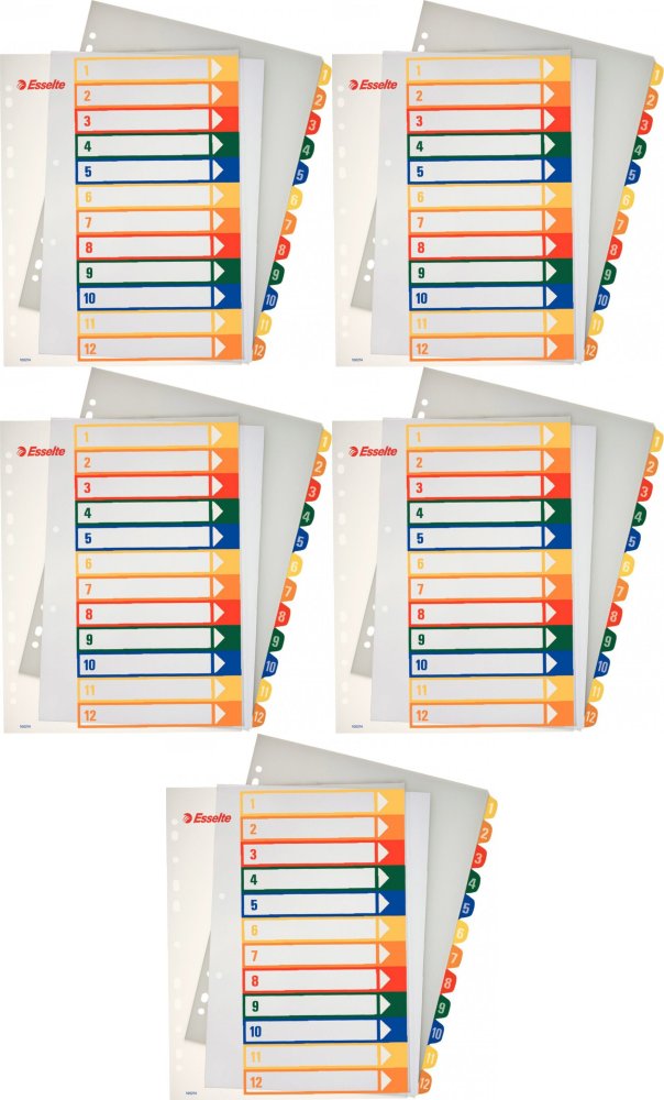 5x Przekładki do segregatora Esselte Maxi, plastikowe, numeryczne, do zadruku, A4, 1-12 kart , mix kolorów