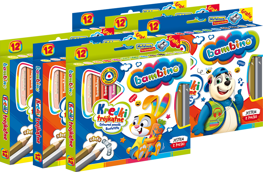 6x Kredki Bambino Zwierzaki Uczniaki, w oprawie drewnianej, trójkątne, 12 sztuk + temperówka, mix kolorów
