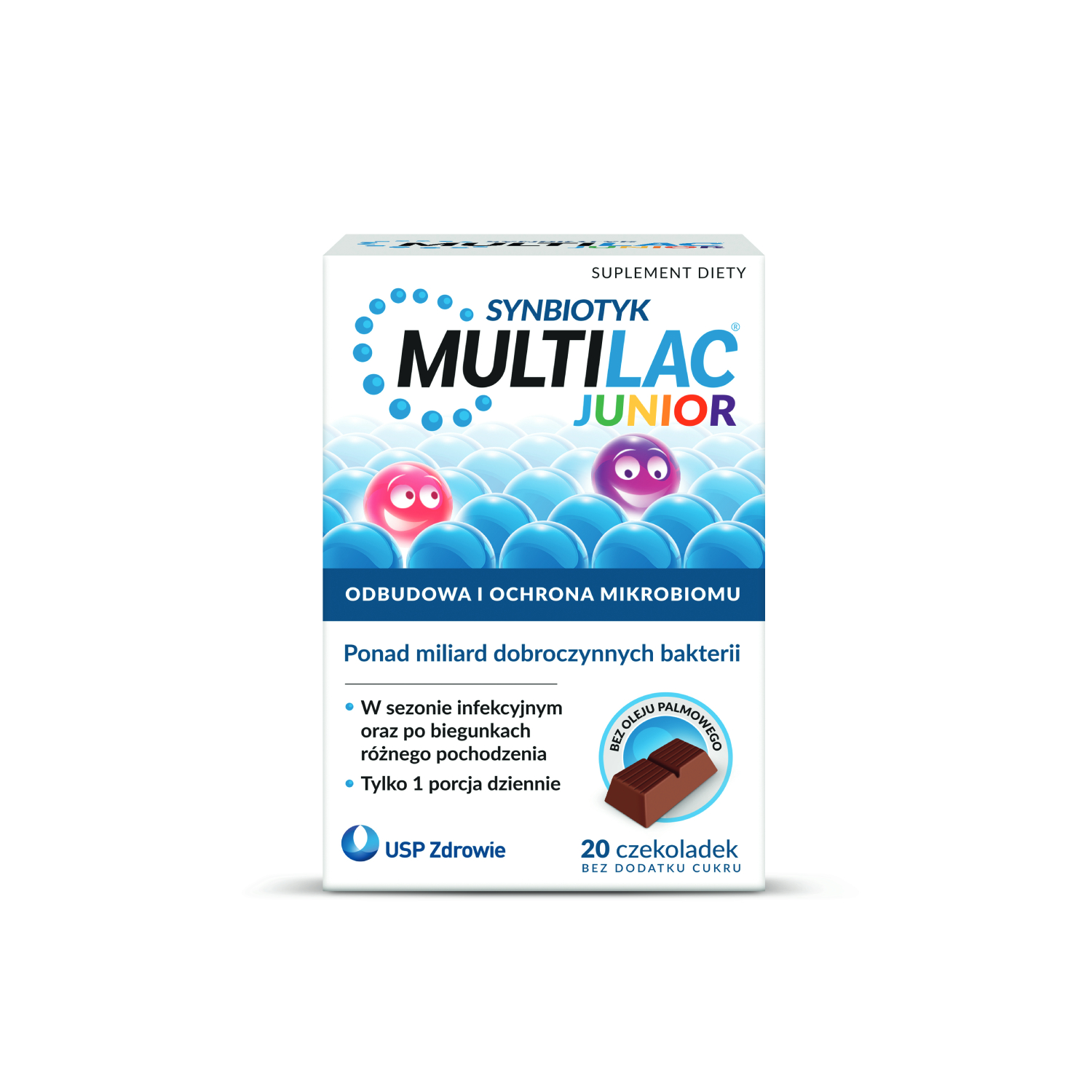 Multilac junior synbiotyk (probiotyk + prebiotyk), 20 czekoladek
