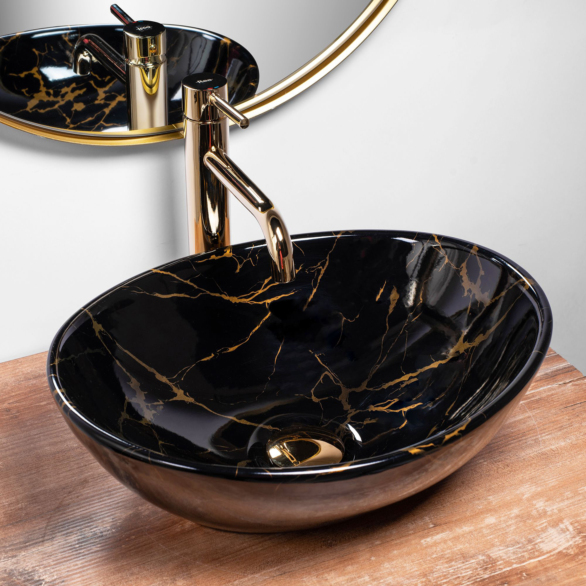 Rea Sofia Marble umywalka 41x34,5 cm owalna nablatowa czarna-złota REA-U5611