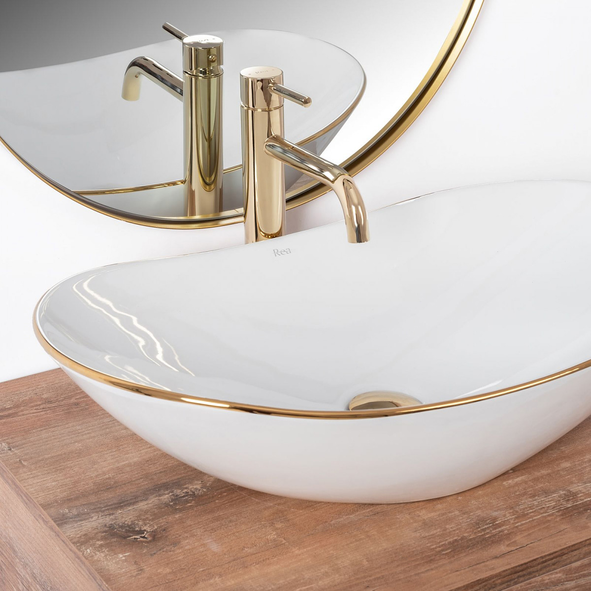 Rea Royal umywalka 62x36 cm owalna nablatowa biała-złota REA-U8570 - Wysyłka w 24h