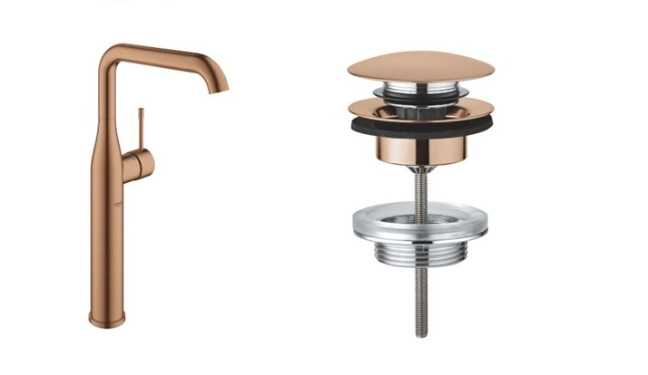 Zestaw Grohe Essence New bateria umywalkowa stojąca wysoka z korkiem Brushed Warm Sunset (32901DL1, 65807DL0)