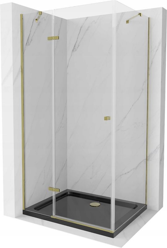 Kabina prysznicowa Mexen Roma uchylna 90 x 100 cm transparent złota + brodzik Flat czarny
