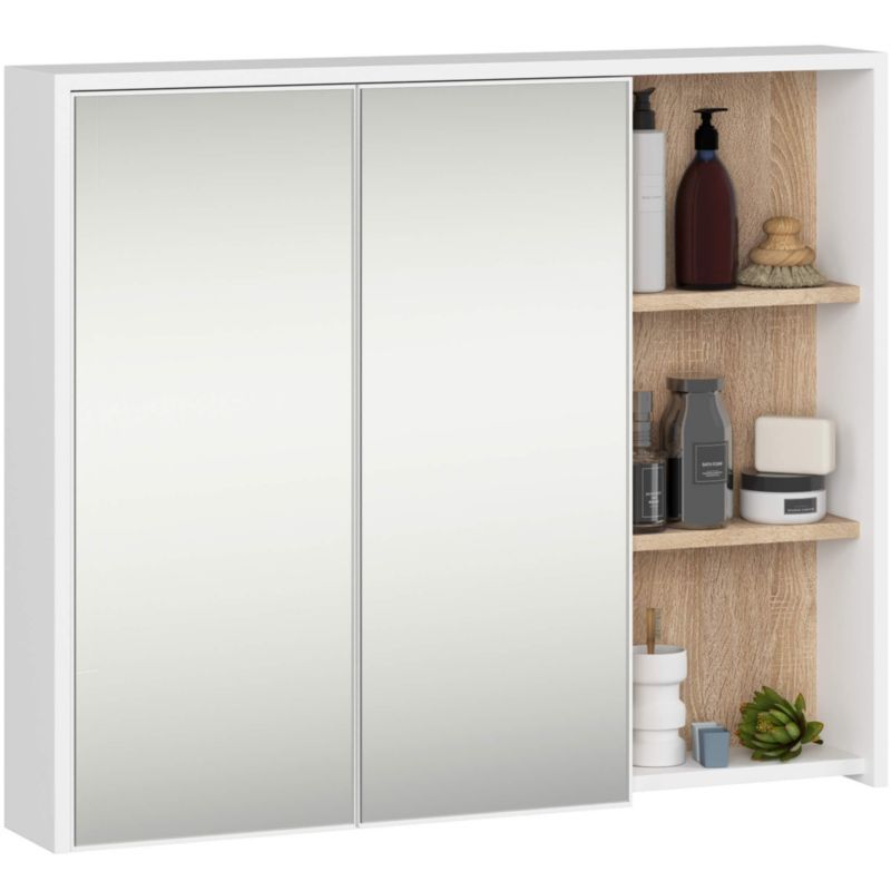 Szafka łazienkowa wisząca z lustrem AKORD VAMI Biała, Dąb Sonoma 90 cm 2 drzwi 6 półek 90x75x15 cm 1 szt.