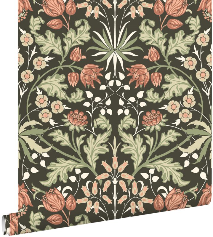 Tapeta ESTAhome vintage kwiaty w stylu secesyjnym ciemnej zieleniIterakota 50 x 900 cm - 1 rol.