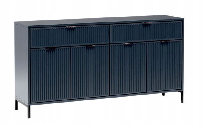 Komoda LINK 165 cm granat indygo ryflowane fronty metalowe nogi drzwi szuflady