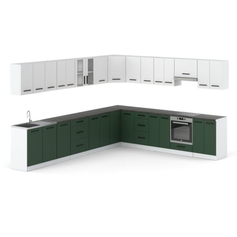Zestaw Kuchenny Hurtownia-Mebli Z Blatem Kuchnia narożna Rossa 680cm Biały Mat Biały Mat/Butelkowa Zieleń 680x47x145 cm 1szt.