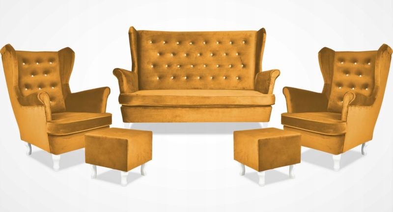 Zestaw wypoczynkowy uszak do salonu sofa fotele pufy Family Meble Diana musztardowy 1szt