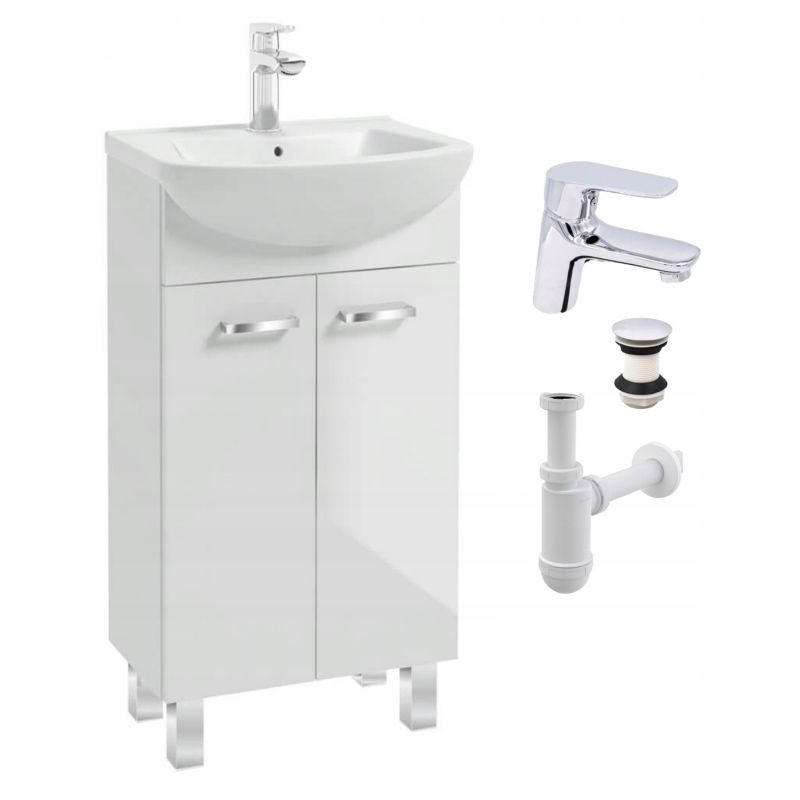 Szafka Łazienkowa Stamar z Umywalką Stojąca 450 mm Biała Połysk + Bateria Sigma Chrom 1 szt